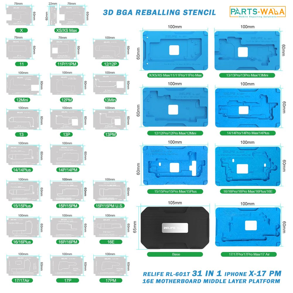 RELIFE RL-601T 31 in 1 iPhone X-17 PM 16E Motherboard Middle Layer Board Plant Tin Platform 3D BGA Reballing Stencil