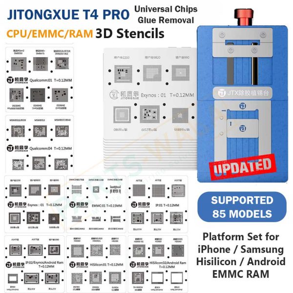 JTX T4 Pro Universal Chips Glue Removal Platform Set with 3D stencils supported 85 models for Iphone Samsung EMMC RAM