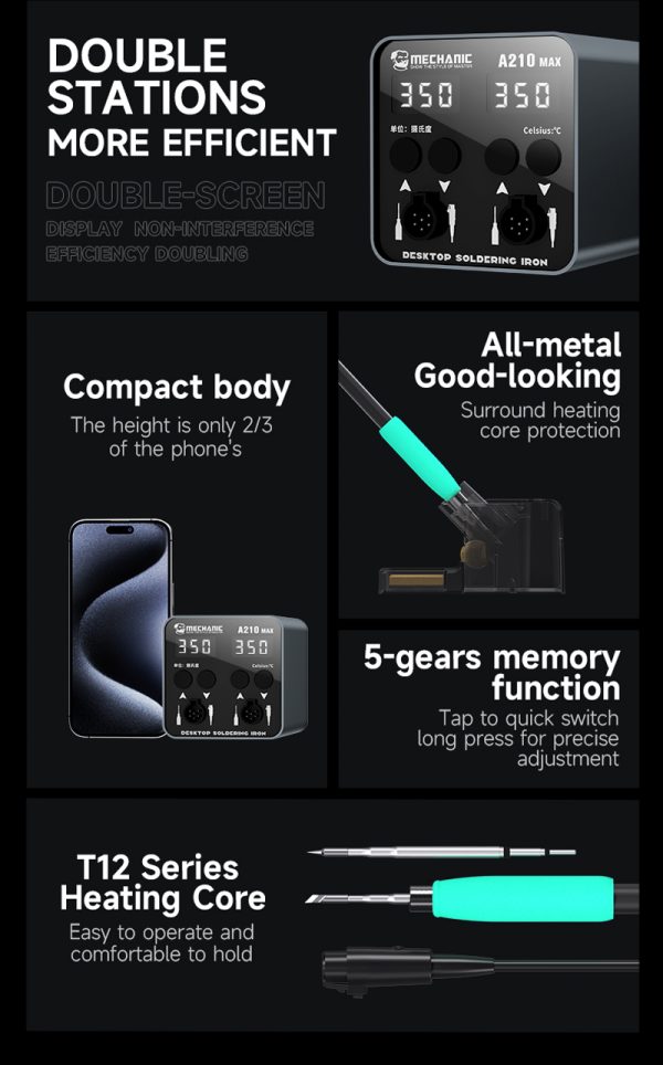 Mechanic A210 Max Double Station Intelligent Digital Display Temperature Control Soldering Station - Image 2