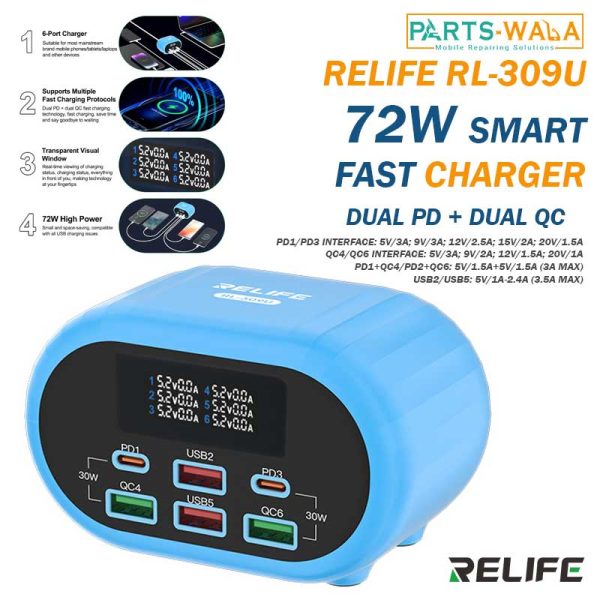 Relife RL-309U 72W Dual PD + Dual QC Smart Fast Charger