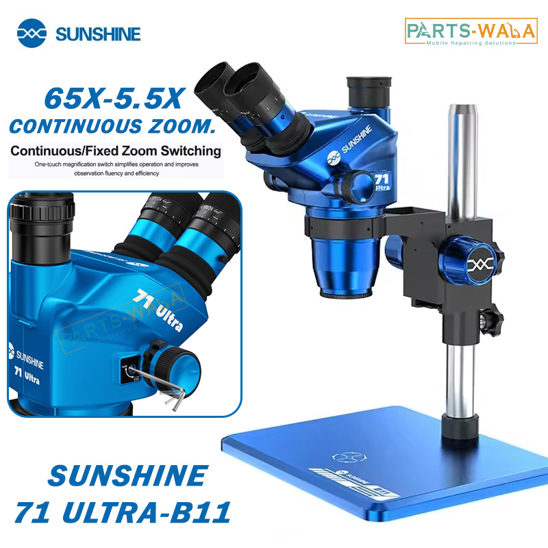 Sunshine 71 Ultra-B11 6.5-55X Continuous / Fixed Zoom Conversion Trinocular Microscope with Big Base For Mobile Repair
